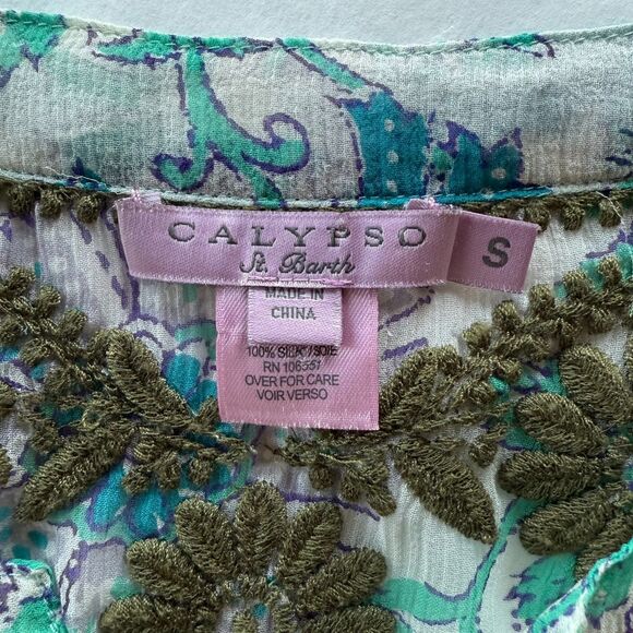 Calypso St Barth 100% Silk Semi Sheer Floral Embroidered Popover Blouse Small - Picture 8 of 13
